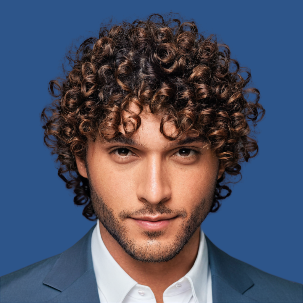 image of a man with curly hair and a blue background behind him