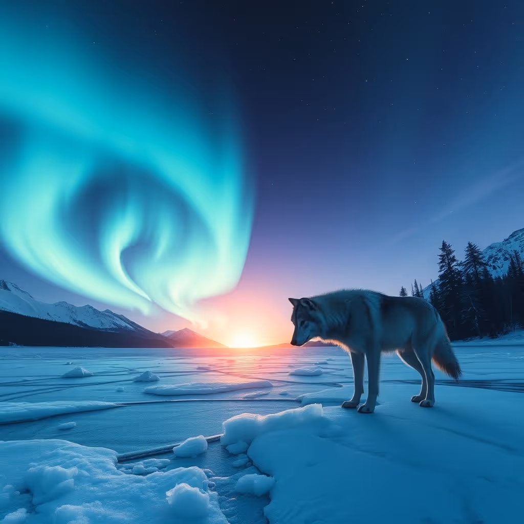 Grey wolf standing at the edge of a frozen, snow-covered lake with green aurora borealis and a red sunset in the background