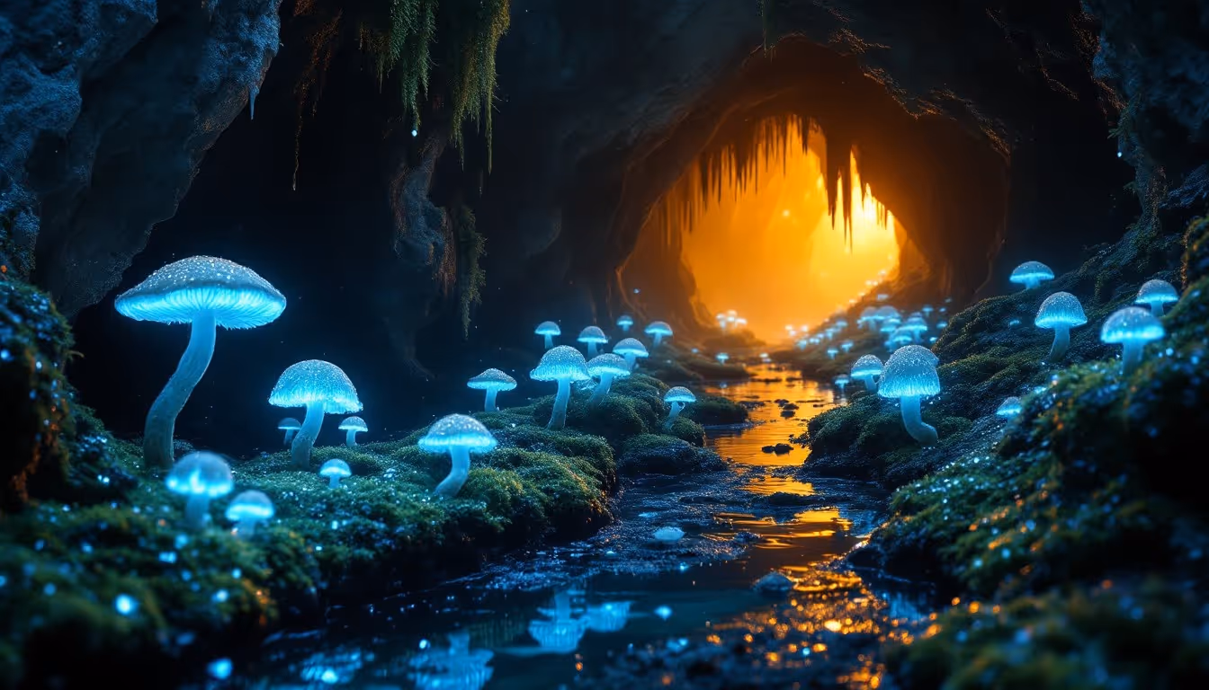 Dark cave covered with green wet moss and glowing blue mushrooms, with a brook running through the passage and a bright yellow light at the cave's end